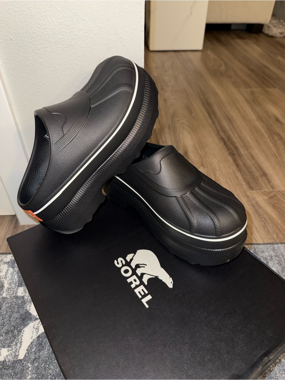 Size 5 Sorel Black Slip-On Waterproof Clog with White Trim